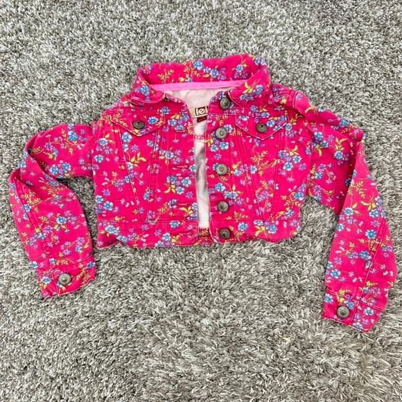 LEI Girls Pink Floral Bratz Cropped Denim Jacket Size XS (4/5) Jean Trucker Coat - Picture 1 of 5